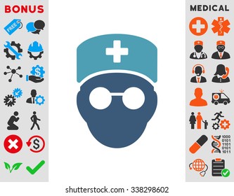 Medic Head vector icon with bonus. Style is bicolor flat symbol, cyan and blue colors, rounded angles, white background.