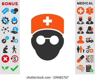 Medic Head vector icon with bonus. Style is bicolor flat symbol, orange and gray colors, rounded angles, white background.