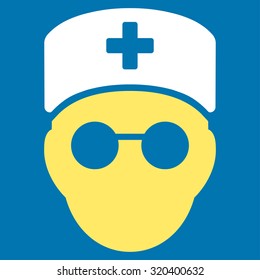Medic Head vector icon. Style is bicolor flat symbol, yellow and white colors, rounded angles, blue background.