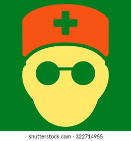 Medic Head vector icon. Style is bicolor flat symbol, orange and yellow colors, rounded angles, green background.