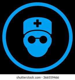 Medic Head vector icon. Style is flat circled symbol, blue color, rounded angles, black background.