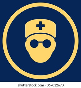 Medic Head vector icon. Style is flat circled symbol, yellow color, rounded angles, blue background.