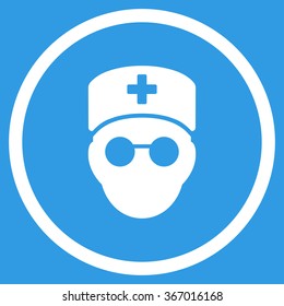 Medic Head vector icon. Style is flat circled symbol, white color, rounded angles, blue background.