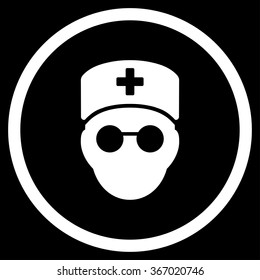Medic Head vector icon. Style is flat circled symbol, white color, rounded angles, black background.