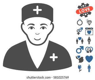 Medic icon with bonus amour graphic icons. Vector illustration style is flat iconic cobalt and gray symbols on white background.