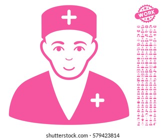 Medic icon with bonus occupation icon set. Vector illustration style is flat iconic pink symbols on white background.