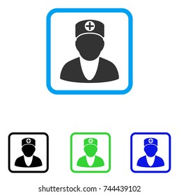 Medic icon. Flat grey pictogram symbol in a blue rounded squared frame. Black, green, blue color versions of Medic vector. Designed for web and app UI.