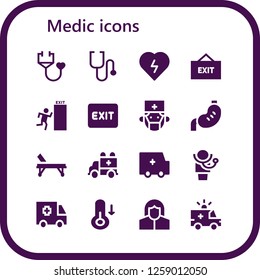  medic icon set. 16 filled medic icons. Simple modern icons about  - Stethoscope, Defibrillator, Exit, Surgeon, Stomach, Stretcher, Ambulance, Doctor, Temperature, Pharmacist