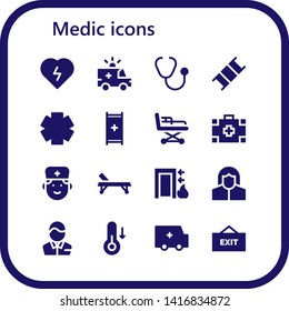 medic icon set. 16 filled medic icons.  Simple modern icons about  - Defibrillator, Ambulance, Stethoscope, Stretcher, Clinic, Medical kit, Doctor, Exit, Pharmacist, Temperature