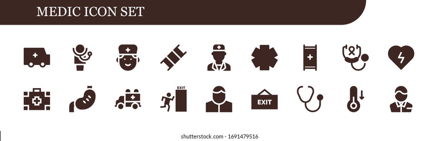 medic icon set. 18 filled medic icons. Included Ambulance, Doctor, Stretcher, Clinic, Stethoscope, Defibrillator, Medical kit, Stomach, Exit, Pharmacist, Temperature icons