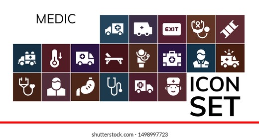 medic icon set. 19 filled medic icons.  Collection Of - Ambulance, Stethoscope, Pharmacist, Stomach, Doctor, Temperature, Stretcher, Medical kit, Exit