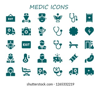  medic icon set. 30 filled medic icons. Simple modern icons about  - Exit, Doctor, Caduceus, Stethoscope, Stretcher, Ambulance, Medical kit, Clinic, Defibrillator, Surgeon, Pharmacist