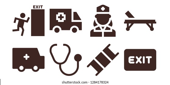  medic icon set. 8 filled medic icons. Simple modern icons about  - Ambulance, Exit, Stethoscope, Stretcher, Nurse