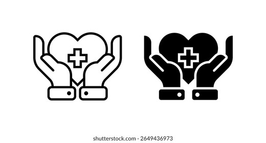 Conjunto de ícones médicos. Uma ilustração limpa e simples de mãos segurando um coração com um sinal de mais no interior. representando cuidado, apoio e saúde. Ideal para projetos médicos, de caridade ou relacionados ao bem-estar.