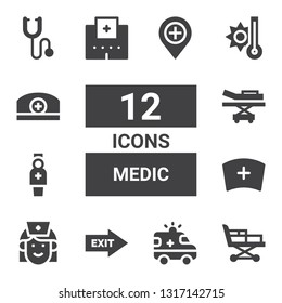 medic icon set. Collection of 12 filled medic icons included Stretcher, Ambulance, Exit, Nurse, Hospital, Temperature, Pharmacist, Phonendoscope