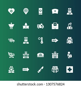 medic icon set. Collection of 25 filled medic icons included Hospital, Defibrillator, Scalpel, Exit, Nurse, Doctor, Pharmacist, Stretcher, Temperature, Ambulance, Caduceus, Medical app