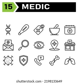 Medic icon set include biology, heredity, genetics, biotechnology, molecules, pregnancy strip, medical device, medical test, health, medical, tag, hospital, pharmacy, medicine, potion, drug