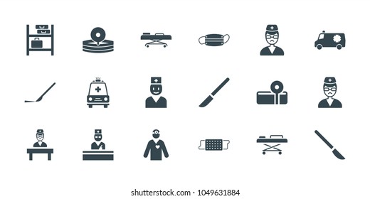 Medic icons. set of 18 editable filled medic icons: scalpel, doctor, ambulance, hospital stretch, medical reflector, medical mask, luggage storage