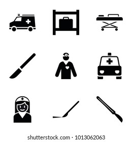 Medic icons. set of 9 editable filled medic icons such as luggage storage, scalpel, ambulance, nurse, hospital stretch