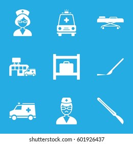 medic icons set. Set of 9 medic filled icons such as luggage storage, scalpel, doctor, ambulance, nurse, hospital