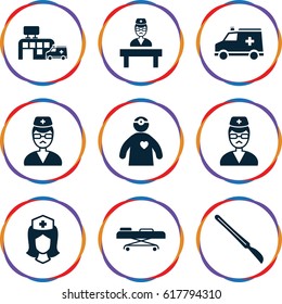 Medic icons set. set of 9 medic filled icons such as nurse, scalpel, doctor, ambulance, hospital, hospital stretch