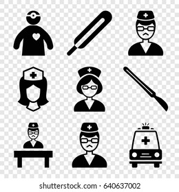 Medic icons set. set of 9 medic filled icons such as themometer, nurse, scalpel, doctor, ambulance