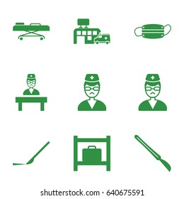 Medic icons set. set of 9 medic filled icons such as luggage storage, scalpel, doctor, hospital, hospital stretch