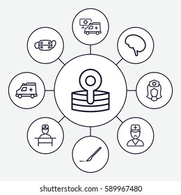 medic icons set. Set of 9 medic outline icons such as scalpel, nurse, doctor, ambulance, hospital, medical reflector