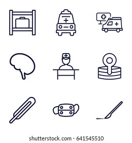 Medic icons set. set of 9 medic outline icons such as luggage storage, themometer, scalpel, ambulance, doctor, hospital, medical reflector