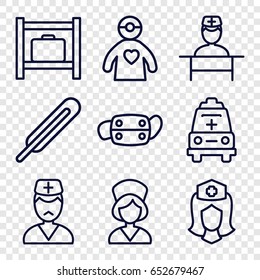 Medic icons set. set of 9 medic outline icons such as luggage storage, themometer, nurse, doctor, ambulance, doctor with medical reflector