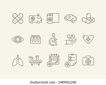 Medic icons. Set of line icons. Medical test tubes, cardiogram, medical calendar. Public health service concept. Vector illustration can be used for topics like medicine, healthcare, hospital
