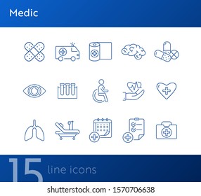 Medic icons. Set of line icons. Medical test tubes, cardiogram, medical calendar. Public health service concept. Vector illustration can be used for topics like medicine, healthcare, hospital