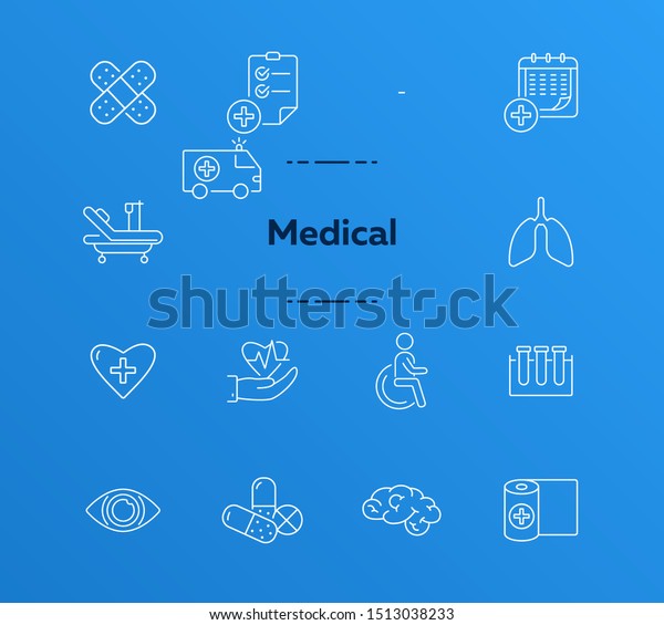 Medic\
icons. Set of line icons. Medical test tubes, cardiogram, medical\
calendar. Public health service concept. Vector illustration can be\
used for topics like medicine, healthcare,\
hospital