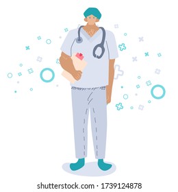 Medic male on white backdrop. Doctor with stethoscope for social banner or flyer, web element, health care promo, medical poster. Chemist shop logo or info card. Flat style stock vector illustration