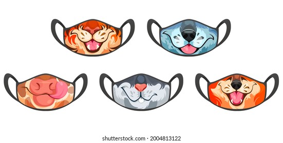 Medic masks with animal muzzles, cute cartoon cow, wolf and fox, tiger or rabbit funny faces. Protective facial equipment against coronavirus infection or allergy, creative design, Vector templates