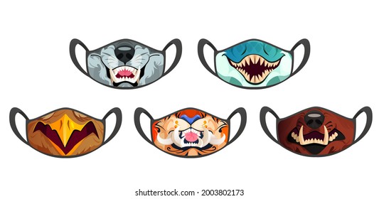 Medic masks with animal muzzles, scary roar cartoon wolf, eagle and snake, tiger and bear with long sharp fangs. Protective facial equipment against infection or allergy, creative design Vector mockup