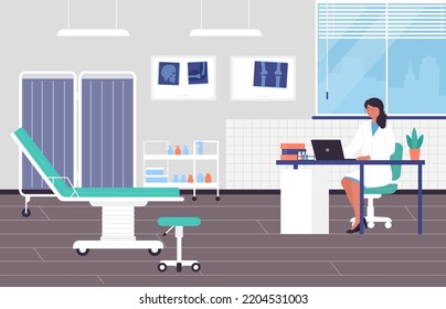 Medic office interior with female doctor waiting for patients vector illustration. Cartoon therapist character wearing uniform, woman sitting at table with laptop background. Hospital, exam concept