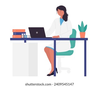 Medic office interior with female doctor waiting for patients vector illustration. Cartoon therapist character wearing uniform, woman sitting at table with laptop background. Hospital, exam concept