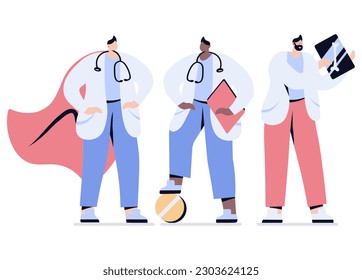 médicos vectores y enfermeras doctores usando impermeable superhéroe