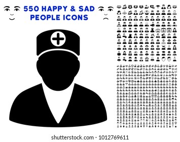 Medic Person pictograph with 550 bonus pitiful and happy jobs pictographs. Vector illustration style is flat black iconic symbols.