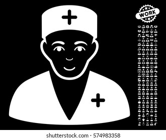 Medic pictograph with bonus men design elements. Vector illustration style is flat iconic white symbols on black background.