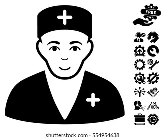 Medic pictograph with bonus settings images. Vector illustration style is flat iconic black symbols on white background.
