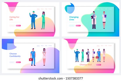 Medic Profession Website Landing Page Set. Medicine Occupation, Hospital or Clinic Staff Doctor Therapist Surgeon Nurse Ambulance Worker. Health Care Web Page Banner. Cartoon Flat Vector Illustration