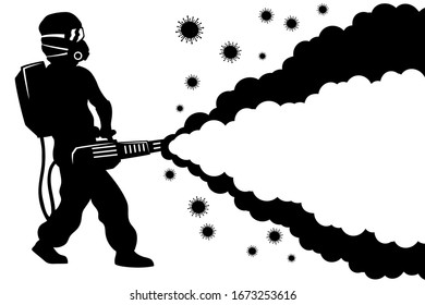 A medic in a protective suit and mask on a white background disinfects against viruses.