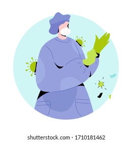 Medic in protective suit putting on gloves. Modern vector illustration of person character in white medical face mask. Stop Coronavirus concept. 