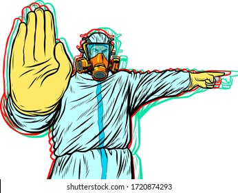 Medic quarantine stop protection suit. Pop art retro vector illustration kitsch vintage 50s 60s style