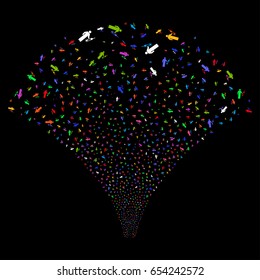 Medic salute stream. Vector illustration style is flat bright multicolored iconic symbols on a black background. Object source fountain made from random icons.