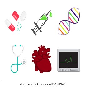 Medic and scientist icons. Pills, syringe, stethoscope, DNA, heart and an electrocardiograph.