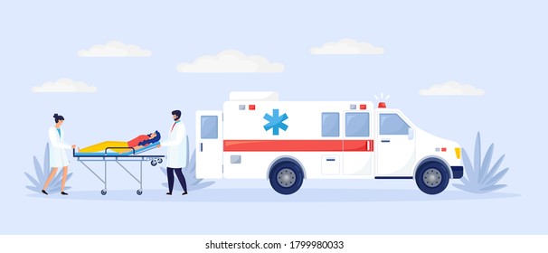 Medic staff near ambulance rescue car. Doctors, paramedics help the sick patient on stretcher. Emergency auto go to hospital isolated on background. Vector cartoon design