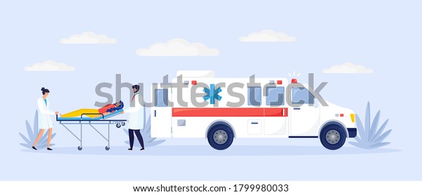Medic staff near
ambulance rescue car. Doctors, paramedics help the sick patient on
stretcher. Emergency auto go to hospital isolated on background.
Vector cartoon design